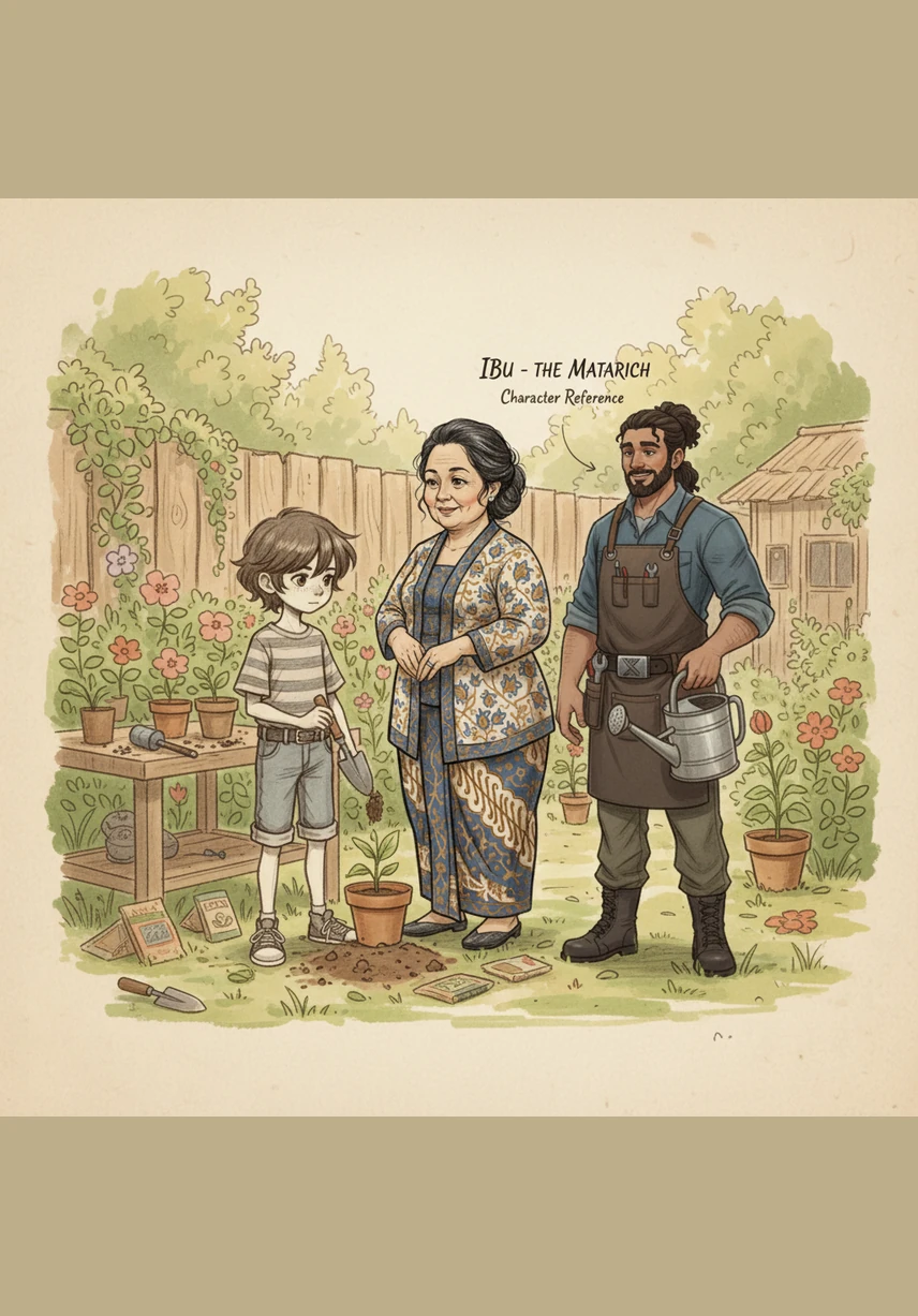 Di halaman belakang, Bimo membantu menyiram tanaman bunga dengan gembor kecil kesayangannya. Setiap tetesan air yang jatuh membuat bunga-bunga tampak segar dan seolah-olah sedang menari serta tersenyum berterima kasih padanya.