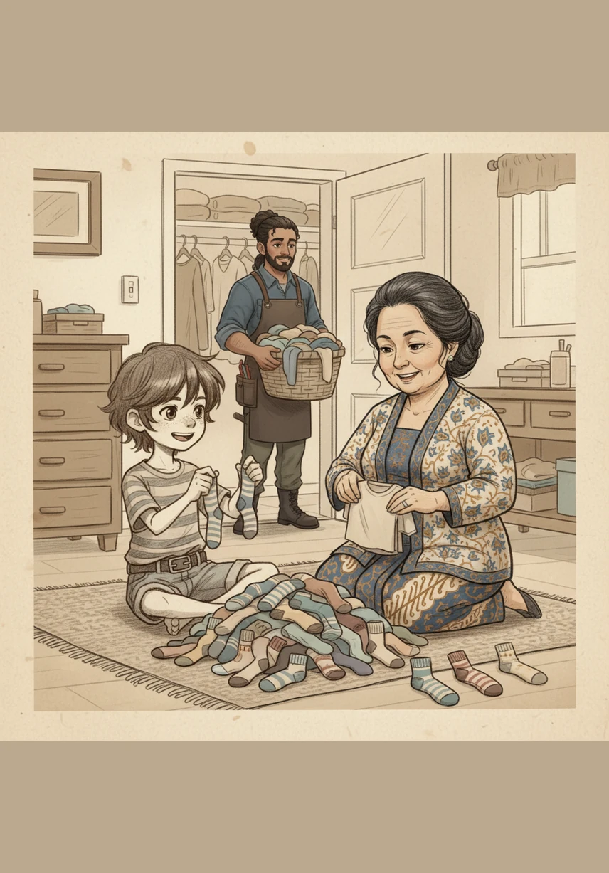 Saatnya merapikan pakaian, Bimo membantu Ibu memisahkan kaus kaki berdasarkan warna dan motifnya. Dia menganggapnya sebagai permainan seru mencari saudara kembar yang hilang agar mereka bisa bersatu kembali di dalam laci pakaian.