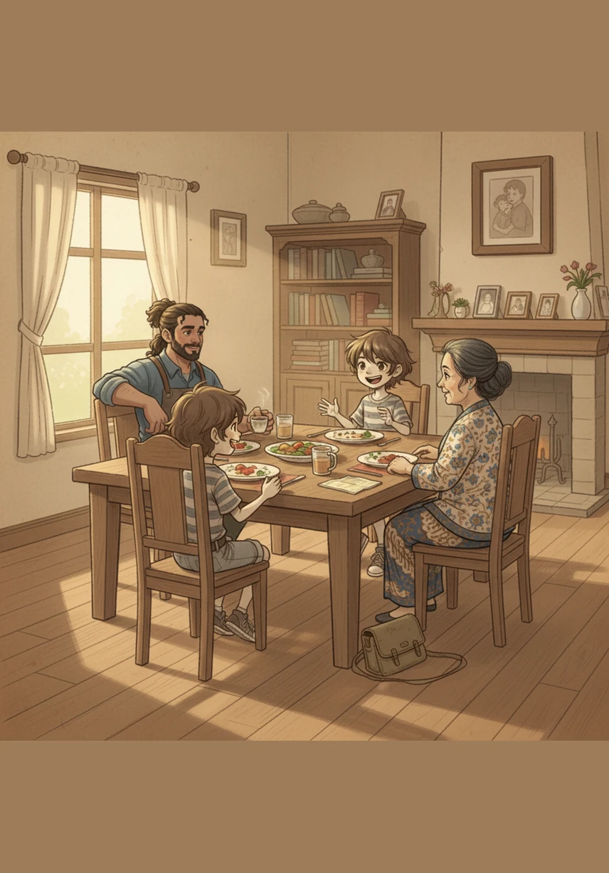 Sore harinya, Bimo membantu menata meja makan dengan sangat hati-hati dan teliti. Dia menyusun piring, gelas, dan sendok seperti sedang menyiapkan pesta perjamuan kerajaan yang sangat megah untuk keluarganya.