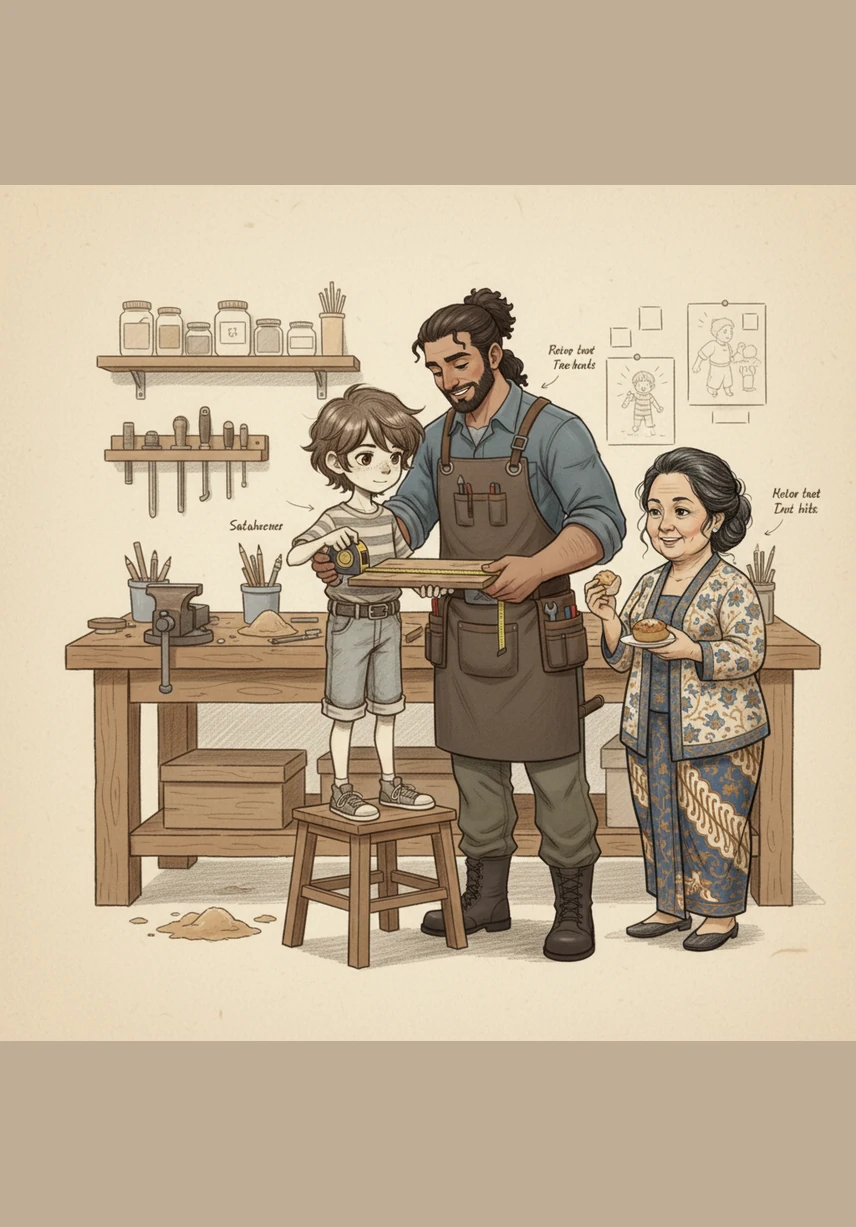 Bimo mengambil sapu kecil dan mulai membersihkan sudut-sudut ruangan yang sulit dijangkau oleh sapu besar. Suara sapu yang menggesek lantai terdengar seperti irama musik yang ceria dan membuat Bimo ingin terus bergerak mengikuti iramanya.