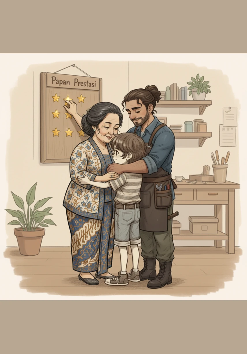 Ayah dan Ibu memberikan pelukan hangat serta pujian tulus atas kerja keras Bimo sepanjang hari itu. Mereka menempelkan sebuah stiker bintang emas di papan prestasi Bimo sebagai tanda penghargaan atas bantuannya yang luar biasa.