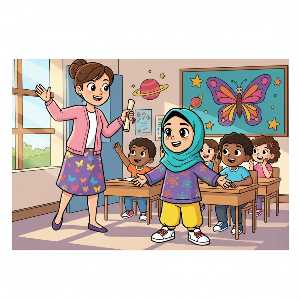 نازنین، دختر کوچولوی باحجاب، با لبخندی بر لب، در کلاس درس منتظر بود. معلم مهربانش، خانم پروانه، با شوق وارد شد و به بچه‌ها گفت: "امروز به یک سفر هیجان‌انگیز می‌رویم!" همه بچه‌ها هیجان‌زده شدند.