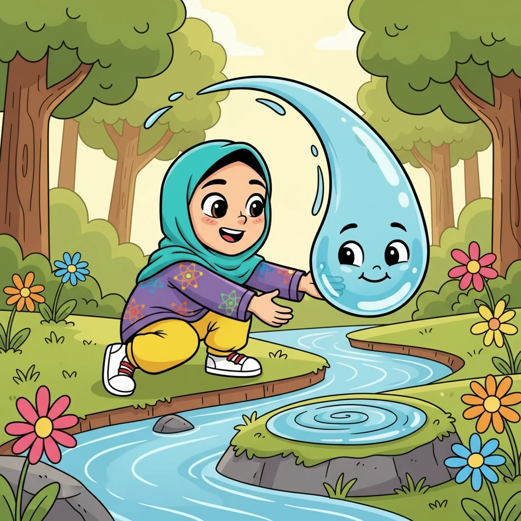 سپس، نازنین با مایع آشنا شد؛ یک قطره آب زنده و بازیگوش. قطره به او گفت: "من می‌توانم به هر شکلی درآیم!" نازنین با قطره آب بازی کرد و دید که چگونه می‌تواند جاری شود.