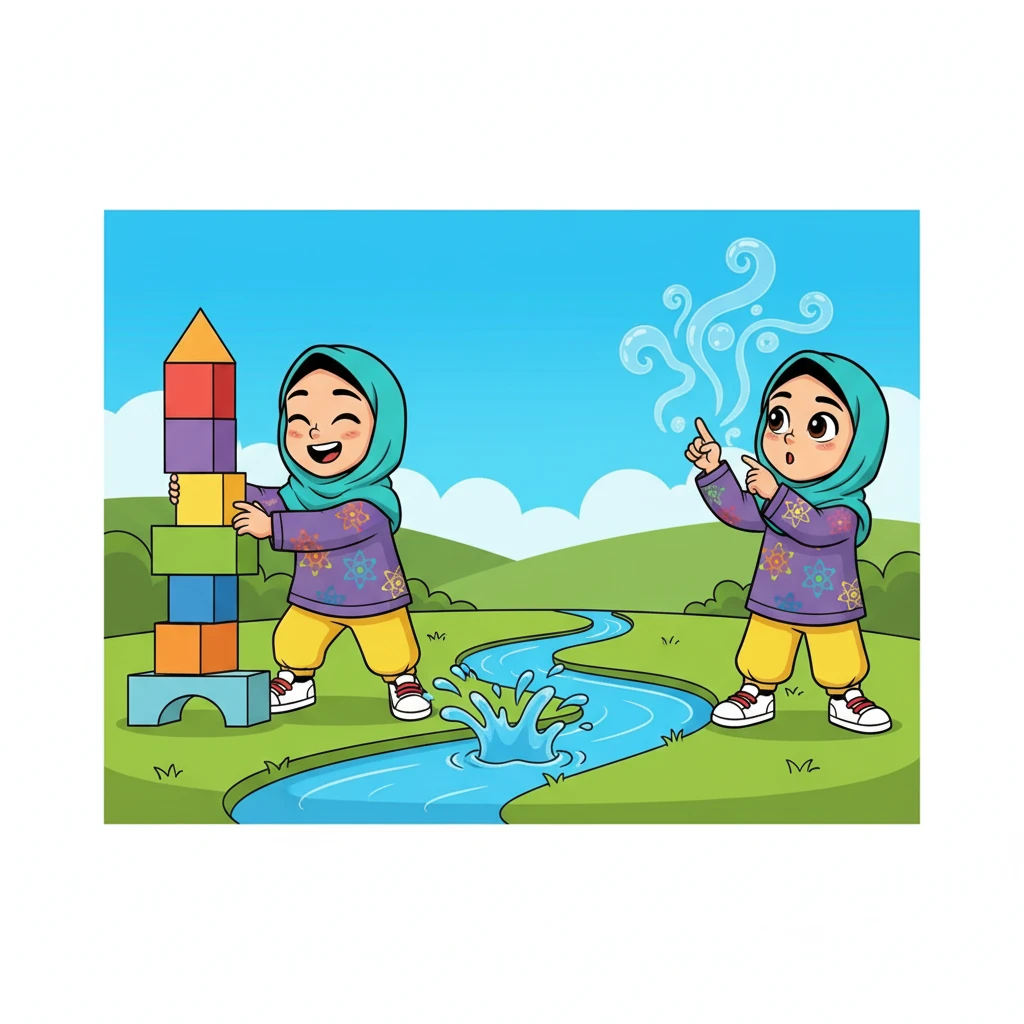 نازنین با هر کدام از این شخصیت‌ها بازی کرد و تفاوت‌هایشان را کشف کرد. او یاد گرفت که جامدات شکل ثابتی دارند، مایعات جاری می‌شوند و گازها نامرئی هستند.