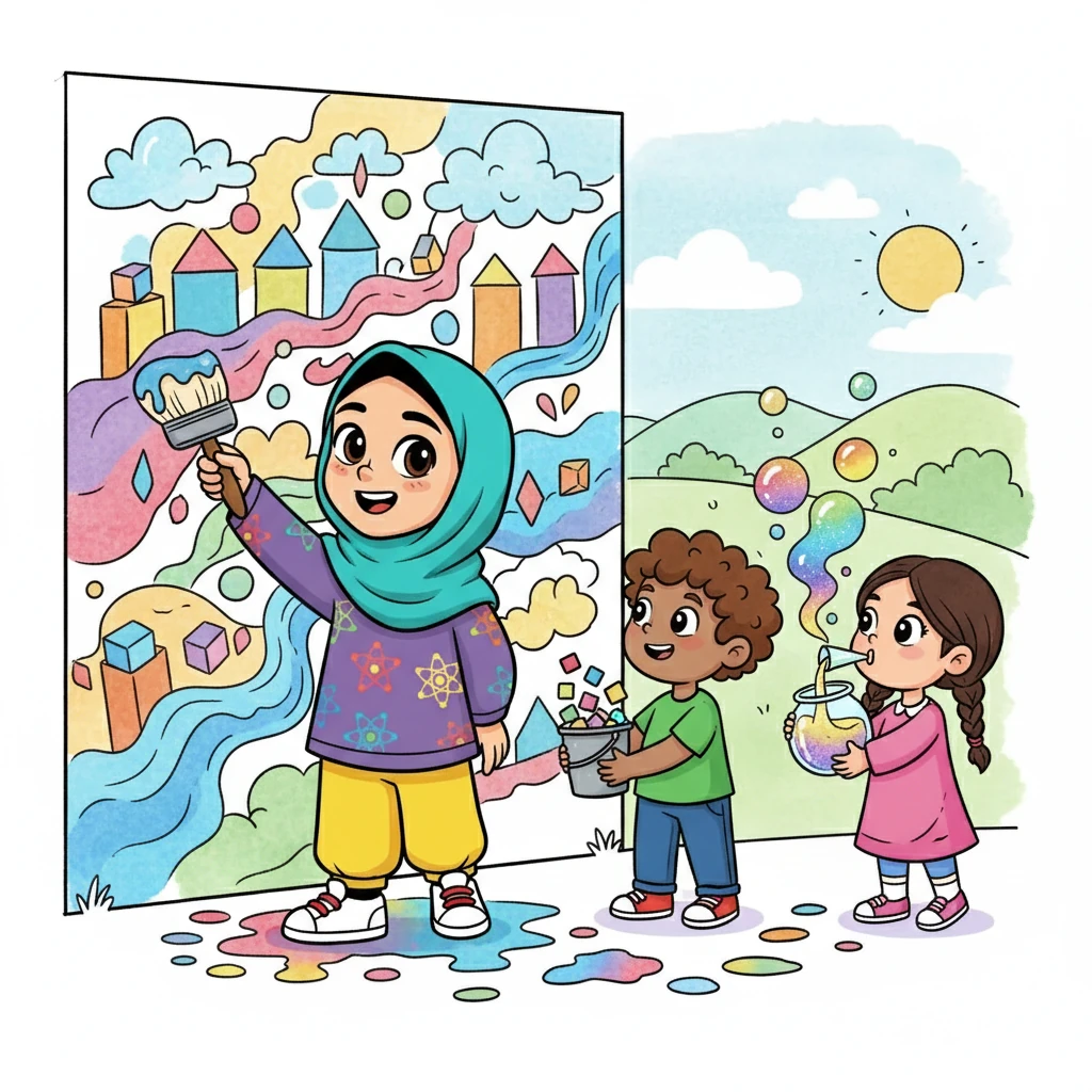 نازنین و دوستانش با خوشحالی، با جامدات، مایعات و گازها، یک نقاشی بزرگ کشیدند. در این نقاشی، همه چیز به زیبایی با هم ترکیب شده بود.
