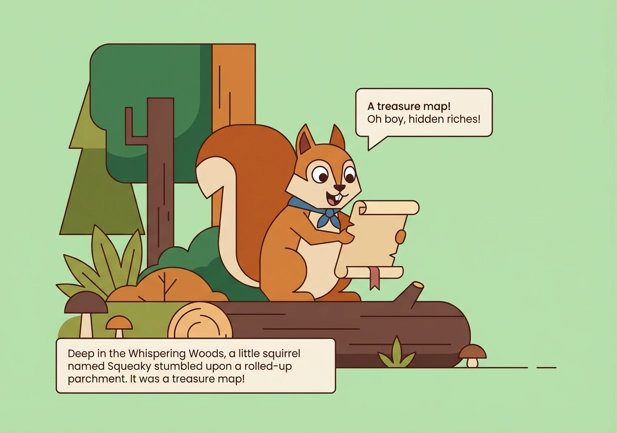 Deep in the Whispering Woods, a little squirrel named Squeaky stumbled upon a rolled-up parchment tied with a faded ribbon. It was a treasure map! Squ
