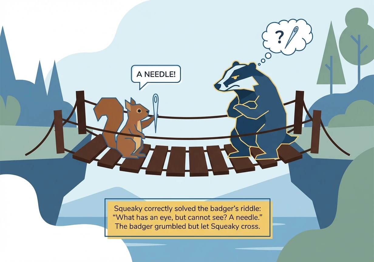 Following the map, Squeaky encountered a grumpy badger guarding a rickety bridge. To pass, Squeaky had to solve a riddle: 'What has an eye, but cannot