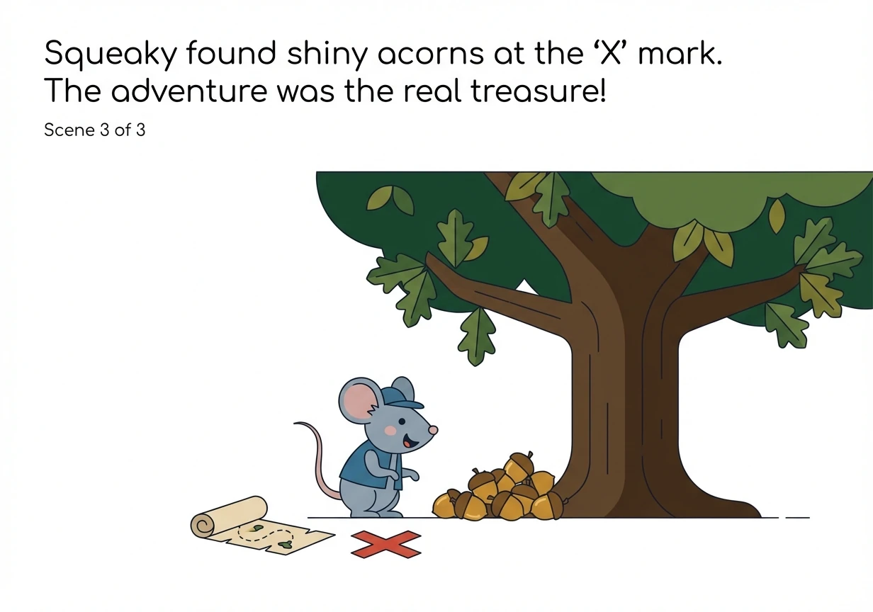 Finally, Squeaky reached the spot marked 'X' on the map, beneath the oldest oak tree. Instead of gold, he found a collection of shiny acorns - the rea