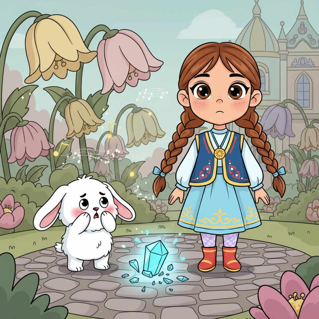 Бір күні сарай бағындағы сиқырлы гүлдердің жылтырауы тоқтап, әсем әуендері өшті. Кішкентай, ерке бұлт-қоян байқаусызда сиқырлы кристаллды құлатып жіберген еді. Бақ енді бұрынғыдай жарқырап тұрған жоқ, бұл барлығын алаңдатты.