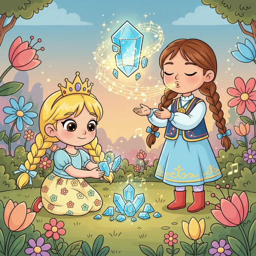 Енді олар өз күштерін біріктірді. Айгүл сынықтарды бір жерге жинап әкелді, ал Нұргүл оларға сиқырлы әуенді айтып, кристаллды қайта қалпына келтірді. Кристалл жарқырай бастағанда, бақ қайтадан сиқырға толып, гүлдер әсем әуендерін шырқады.