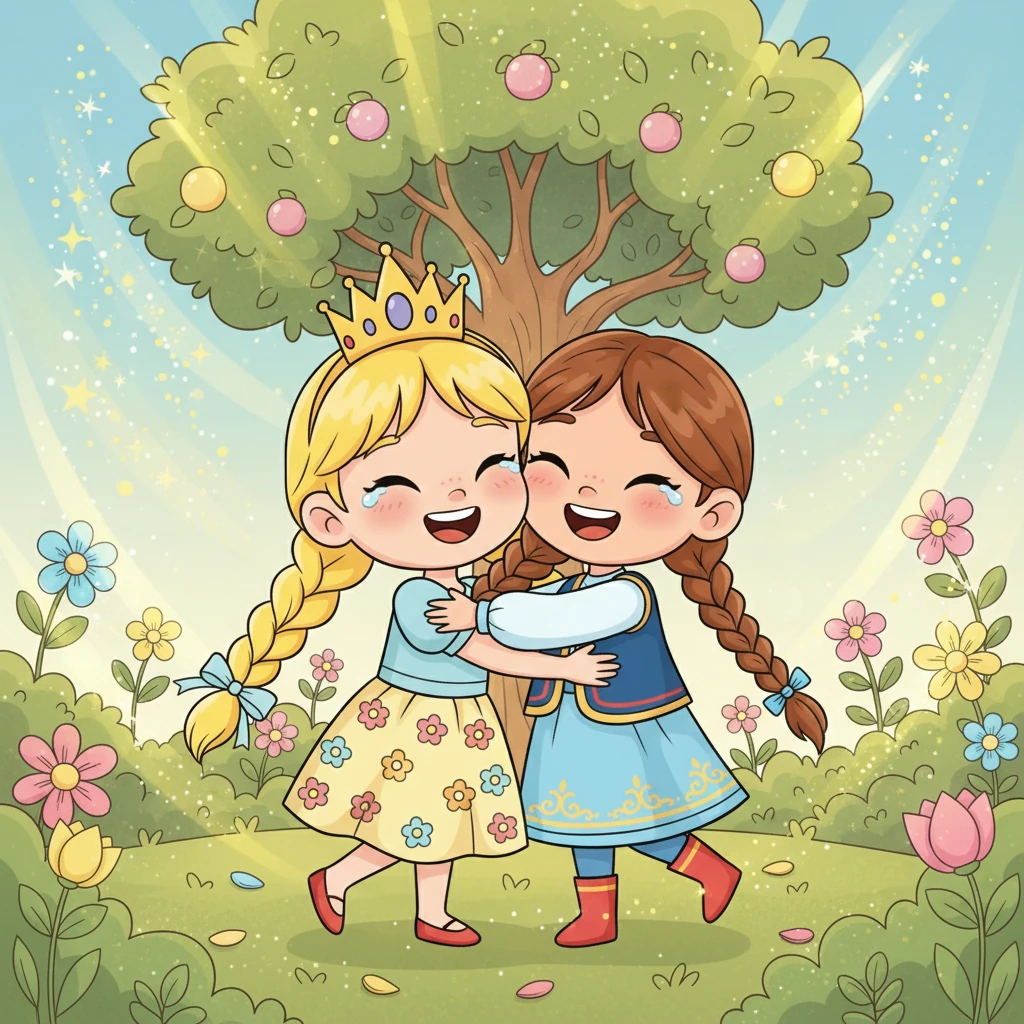 Екі ханшайым да өздерінің әртүрлі қасиеттерінің арқасында бақты құтқарғандарына қуанды. Олар бір-бірін құшақтап, күліп, бауырластық пен бірліктің қаншалықты маңызды екенін түсінді. Сиқырлы бақ олардың достығы сияқты жарқырап тұрды.