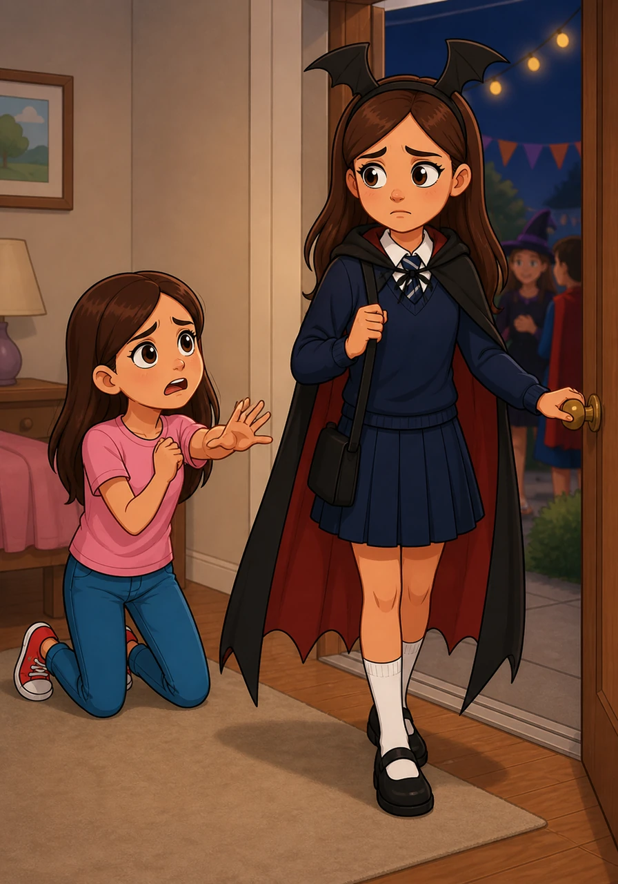Tasha begged Maya not to go to the party, claiming it wouldn't be fair to their friendship if they didn't go together. Feeling it was unfair to be held back from her new friends, Maya decided to go anyway, dressed in her costume and trying to ignore the guilt.