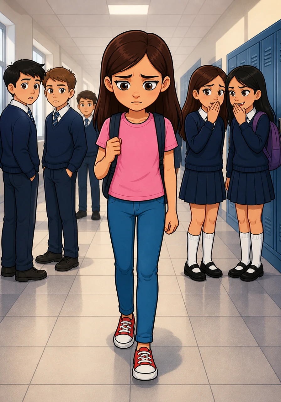 Soon after the party, the atmosphere at school turned cold and uncomfortable for Maya. Groups of students would stop talking when she walked by, and she frequently caught the sound of muffled laughter and whispers echoing behind her back in the corridors.