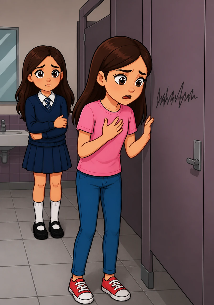 In the quiet of the girls' restroom, Maya froze when she saw her own name scrawled in a web address on the stall wall. Her heart hammered against her ribs as she stared at the messy handwriting, a sinking feeling of dread settling in her stomach.