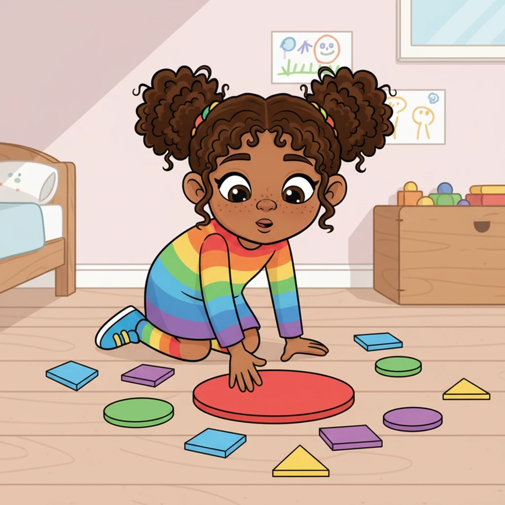 Fiona, a bright-eyed girl with a rainbow-striped shirt, loved all kinds of shapes. Her room was filled with colorful circles, squares, and triangles, each one a different hue. She often imagined them having exciting adventures right there on her floor. Today, a grand adventure was about to begin with her very favorite, a perfect, bright red circle.