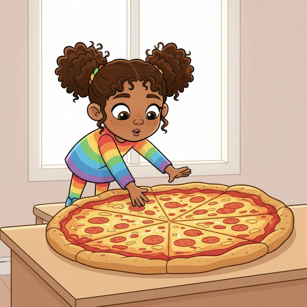 One sunny morning, Fiona discovered a magnificent, giant circular pizza on her kitchen counter. It was a golden-brown, cheesy masterpiece, completely untouched. 'Wow!' she exclaimed, admiring the delicious, undivided 'whole' pizza. It looked too big to eat all by herself!