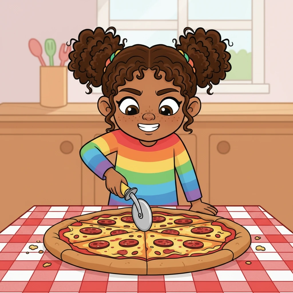 Fiona carefully took a pizza cutter and sliced the big circle right down the middle. Now, she had two equal pieces, each a perfect half. She giggled, realizing she had just made two fractions: one-half and another one-half. Each piece looked exactly the same size.