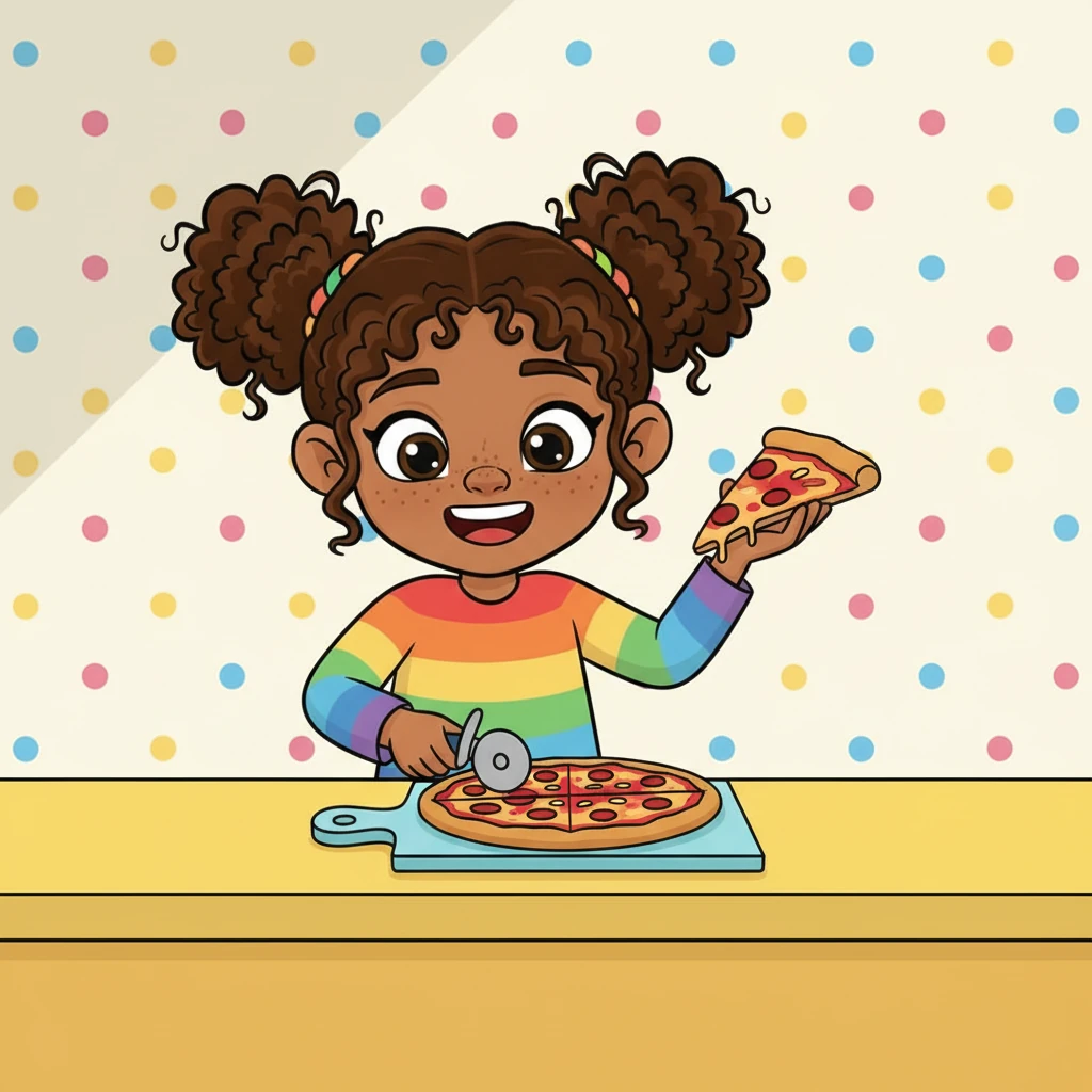 'But what if I want more pieces?' Fiona wondered aloud. With another careful cut, she sliced each half in half again. Suddenly, her pizza was divided into four equal slices. 'Look!' she cheered, 'Now I have four quarters, or one-fourth each!'
