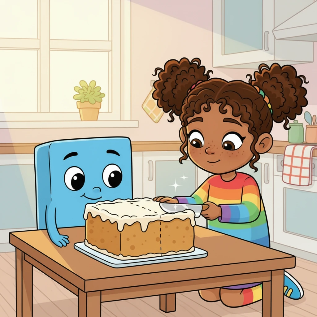 Just then, her friend, a friendly blue square named Sammy, popped by. Sammy brought a delicious rectangular cake. 'Let's share this fairly,' Sammy suggested. Fiona helped Sammy cut the cake into three equal parts, showing him how to make three one-third pieces.