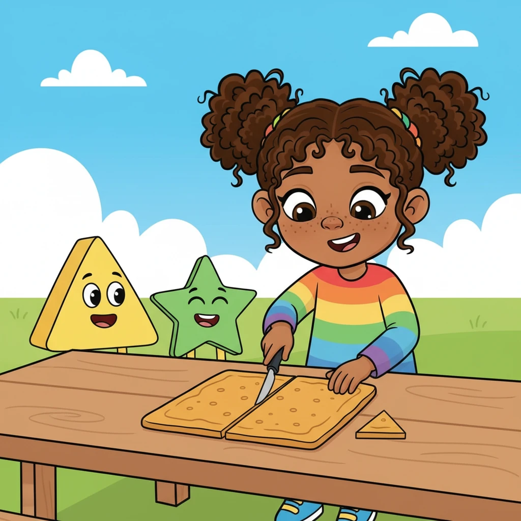 Later, they met more friends, a cheerful yellow triangle and a giggling green star, at the park. Fiona pulled out a large, square cookie. To make sure everyone got a bite, she expertly cut the cookie into eight equal pieces. 'Now everyone has one-eighth of the cookie!' she announced proudly.