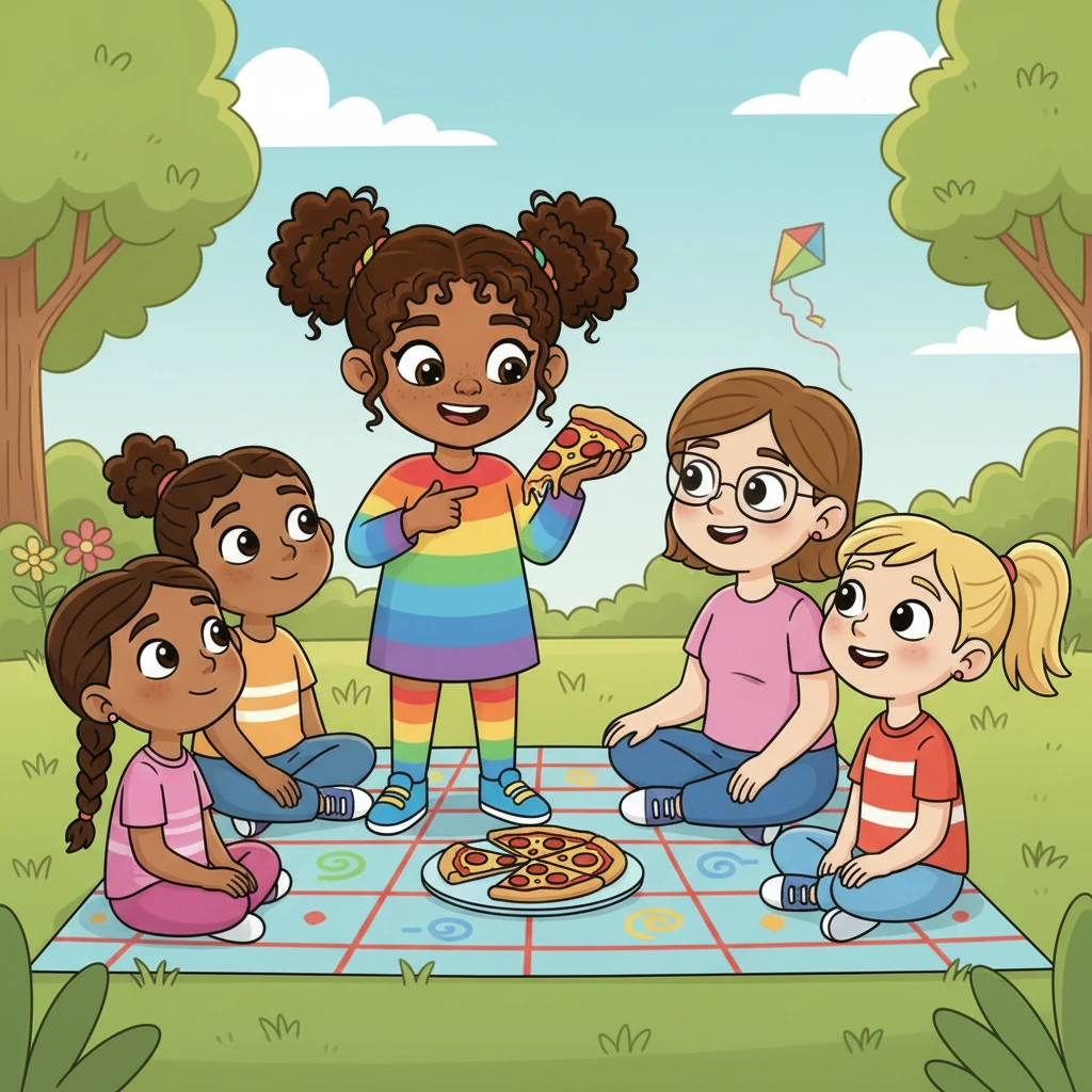 Fiona held up a slice of pizza and pointed to it. 'This is one part out of four total parts,' she explained to her friends. 'The top number tells us how many pieces we have, and the bottom number tells us how many pieces make a whole!' Her friends nodded, their eyes wide with understanding.