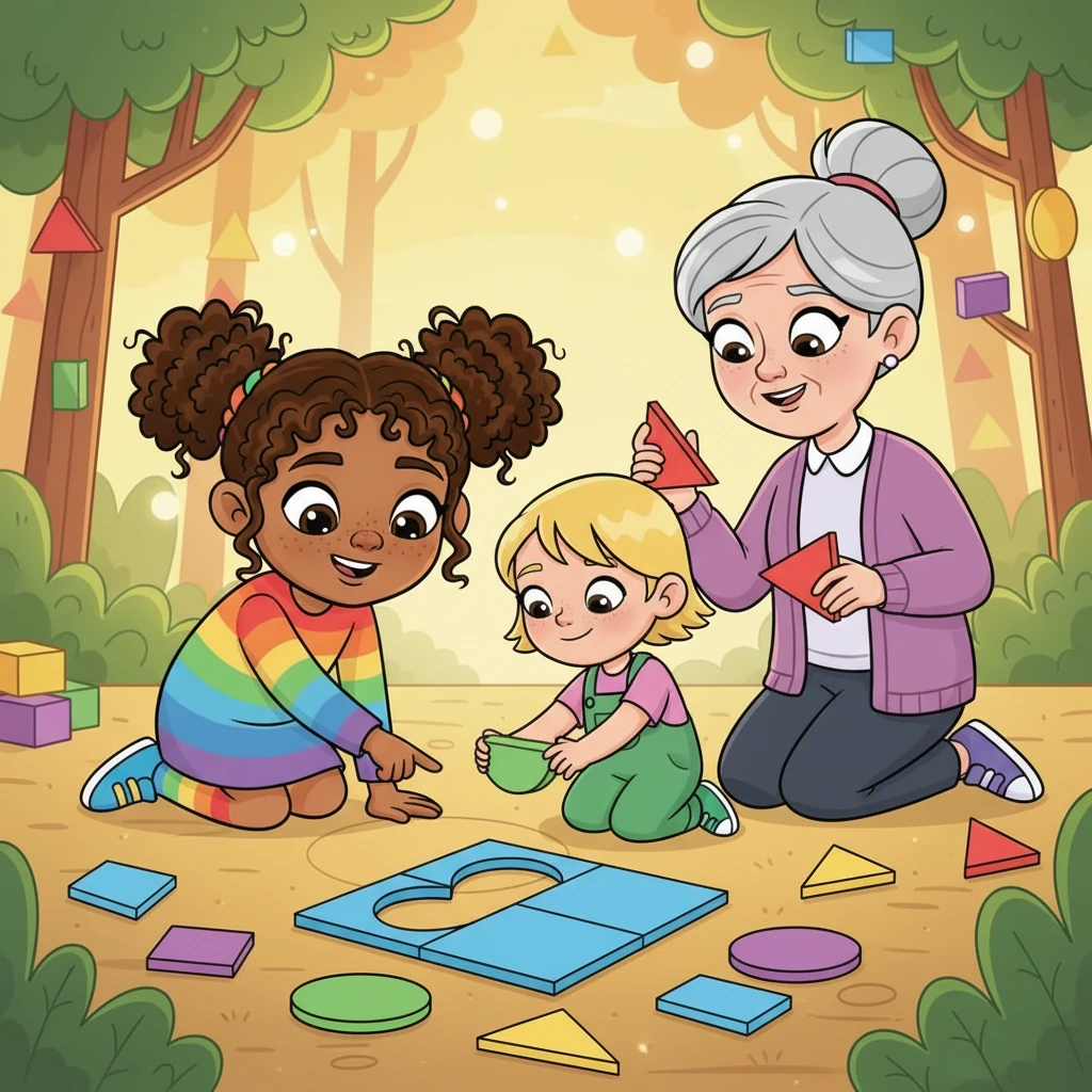 A mysterious map appeared, leading them to a 'Fraction Forest' puzzle. The puzzle had various colorful shapes, some already cut into different fractions. To solve it, they needed to combine fraction pieces to form complete circles, squares, and triangles again. It looked like a fun, colorful challenge!