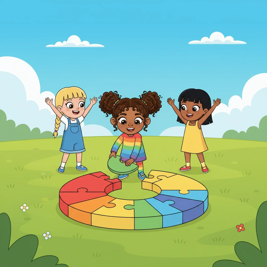 Working together, Fiona and her friends carefully placed the pieces. They discovered that two one-fourth pieces fit perfectly to make one-half, and two one-half pieces made a whole circle. With a final click, all the shapes were complete, revealing a beautiful rainbow pattern. They had made a whole out of many small parts!