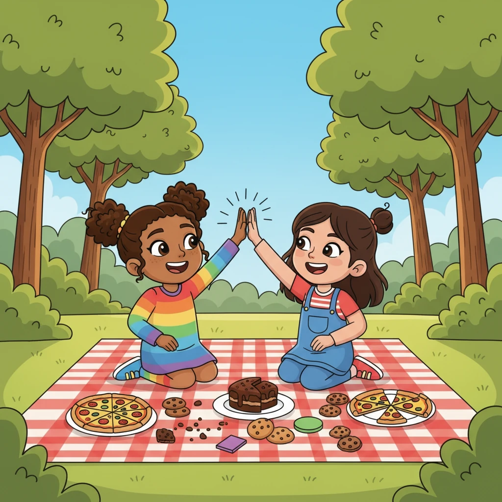 Cheering loudly, Fiona and her friends celebrated their fraction triumph. They shared their delicious pizza, cake, and cookies, each piece a perfect fraction of the whole. Learning about fractions had been a wonderful, shape-tastic adventure, and now they truly understood how parts make a whole.