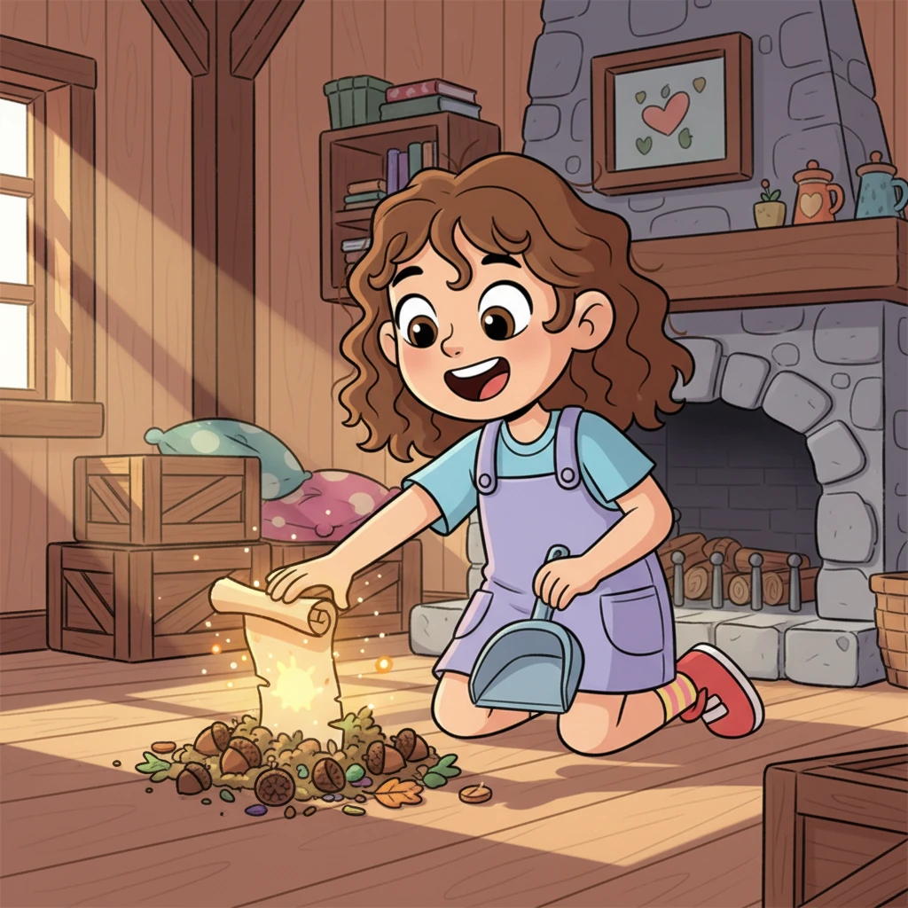 One sunny afternoon, while tidying their little home, Pip stumbled upon a dusty, rolled-up scroll tucked beneath a pile of old acorn caps. It hummed with a faint, warm glow, sparkling with unseen magic. Pip's heart fluttered with excitement.