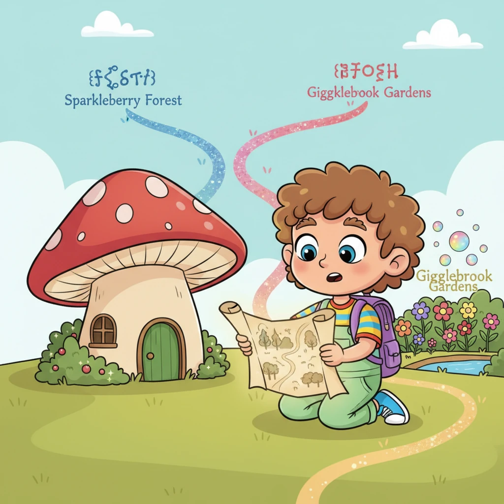 Carefully unrolling the ancient parchment, Pip discovered it was a whimsical map. Two distinct, brightly colored paths branched out from Pip's mushroom house: one led to the shimmering Sparkleberry Forest, and the other wound towards the bubbly Gigglebrook Gardens. Which path would Pip choose?