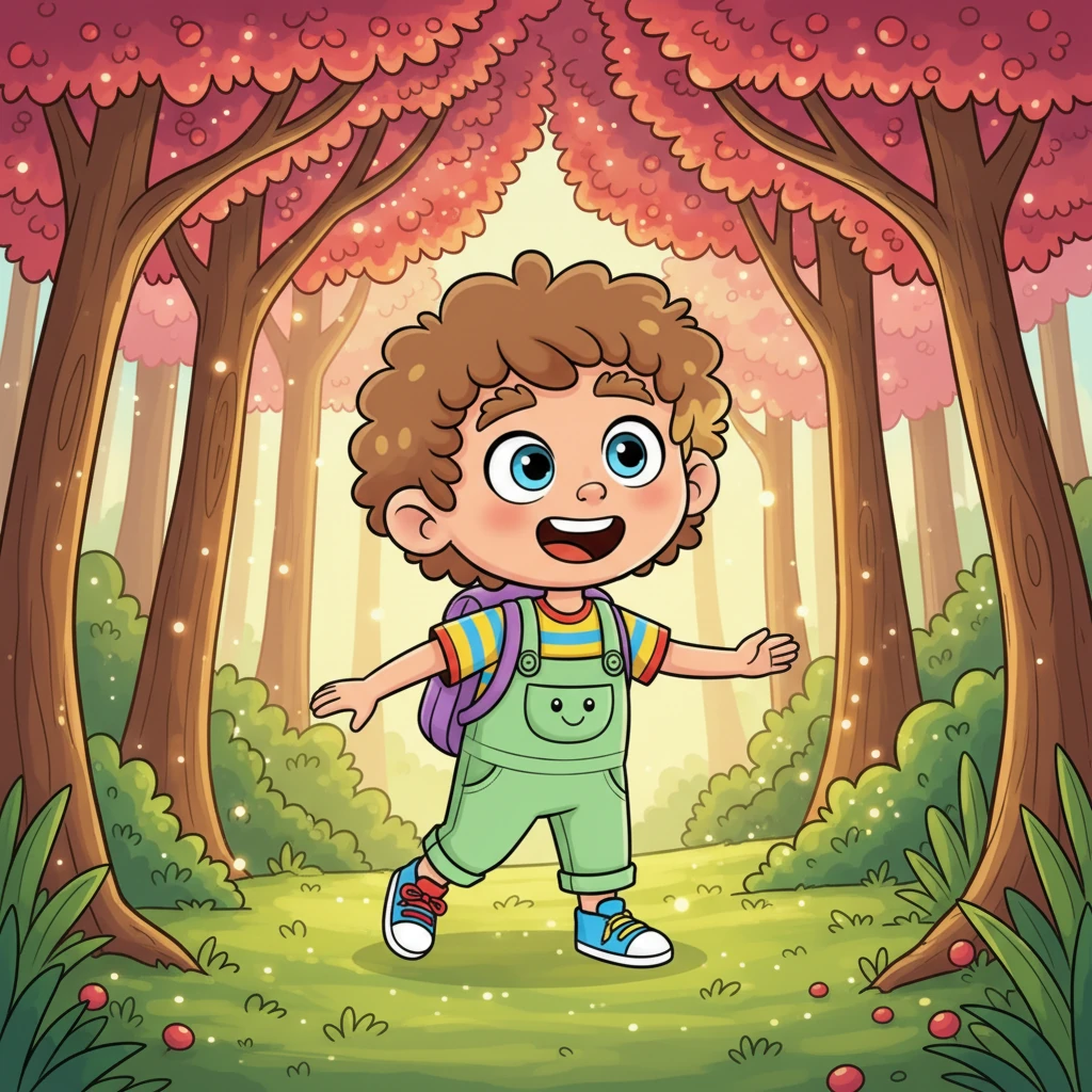 As Pip stepped into Sparkleberry Forest, the air immediately shimmered with soft, glowing light. Trees with leaves made of tiny, ruby-red sparkleberries twinkled all around, casting a magical glow on the path ahead. The forest floor was a carpet of soft, mossy green.