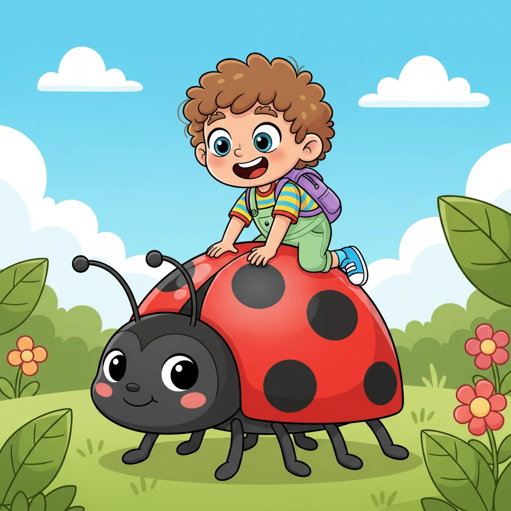 Suddenly, a friendly, oversized ladybug with polka dots as big as Pip's head trundled into view. Her name was Dot, and she offered Pip a ride on her smooth, shiny back. Pip eagerly climbed aboard, delighted by the unexpected company.