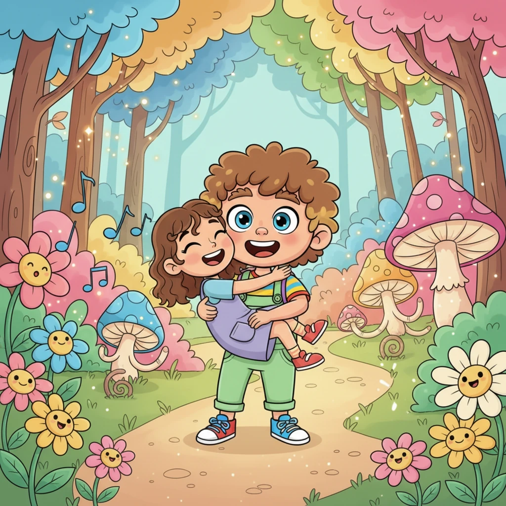 Dot carried Pip through the enchanting forest, past flowers that sang sweet melodies and mushrooms that bounced playfully as they passed. Pip giggled with joy, holding on tight as Dot navigated the winding, sparkling trails. It was a marvelous journey.