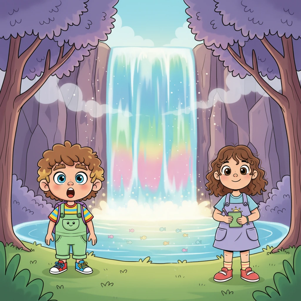 They soon arrived at a breathtaking clearing, where a magnificent, multi-colored waterfall cascaded down into a shimmering pool of glowing water. The air sparkled with mist, and tiny, luminescent fish swam gracefully in the pool.