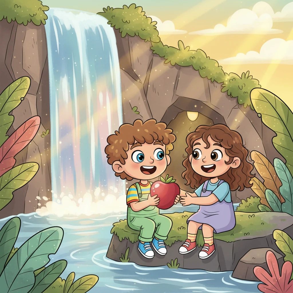 Pip and Dot shared Pip's juicy berry by the magical waterfall, admiring the stunning view as the light danced on the water. Pip felt a warm glow in their chest, a feeling of pure happiness and contentment with their exciting choice. This adventure was truly special.