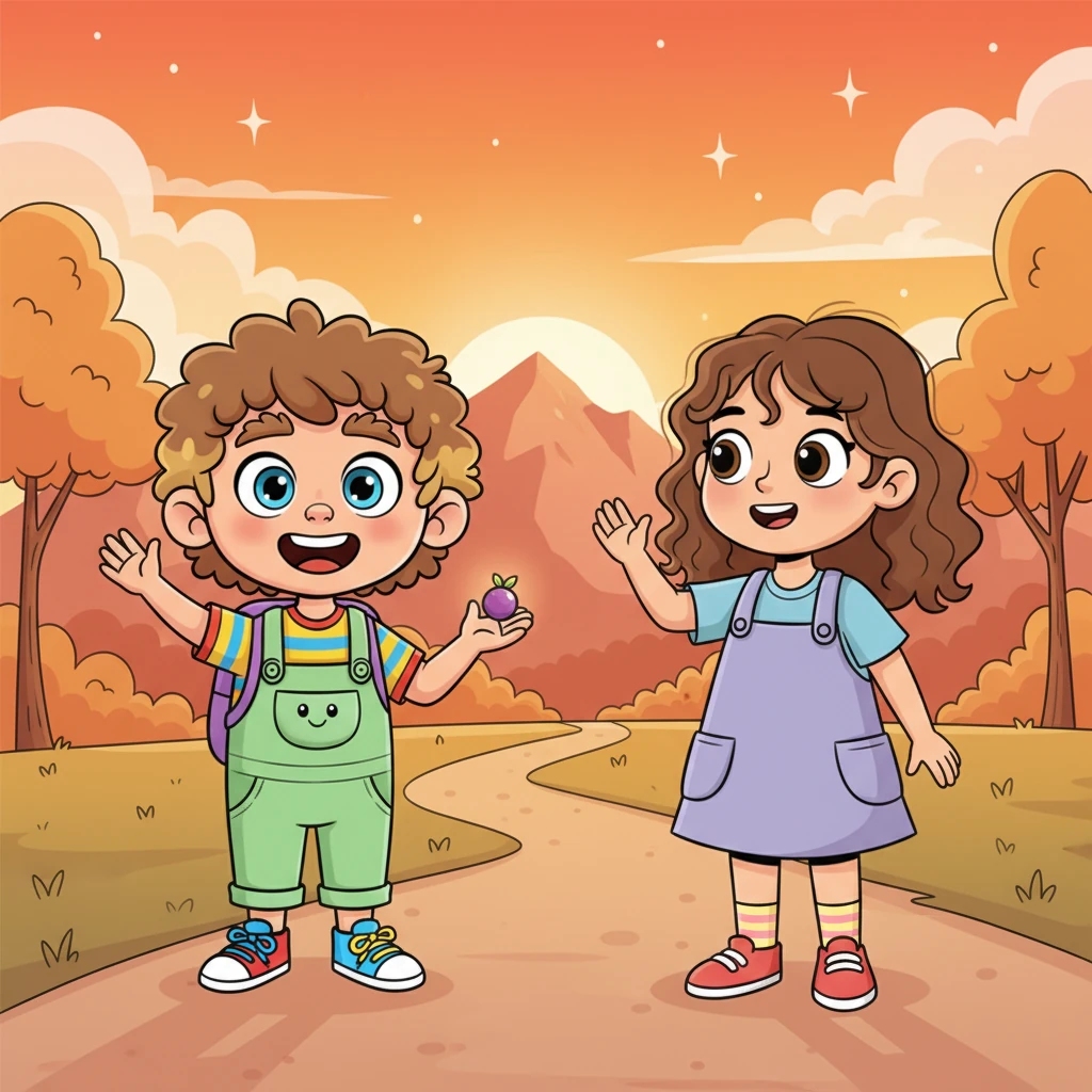 As the sun began to set, painting the sky in hues of orange and pink, Pip thanked Dot for the wonderful ride and unforgettable journey. Pip headed home, carrying a tiny, glowing sparkleberry as a treasured souvenir, already dreaming of the next grand adventure.