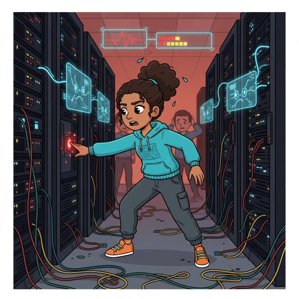 A chaotic server room buzzes with blinking red lights and harried IT professionals. Sweat drips as they desperately try to keep the SQL servers from crashing, data streams looking tangled and sad. The servers groan under the heavy load, their performance bars dipping dangerously low.