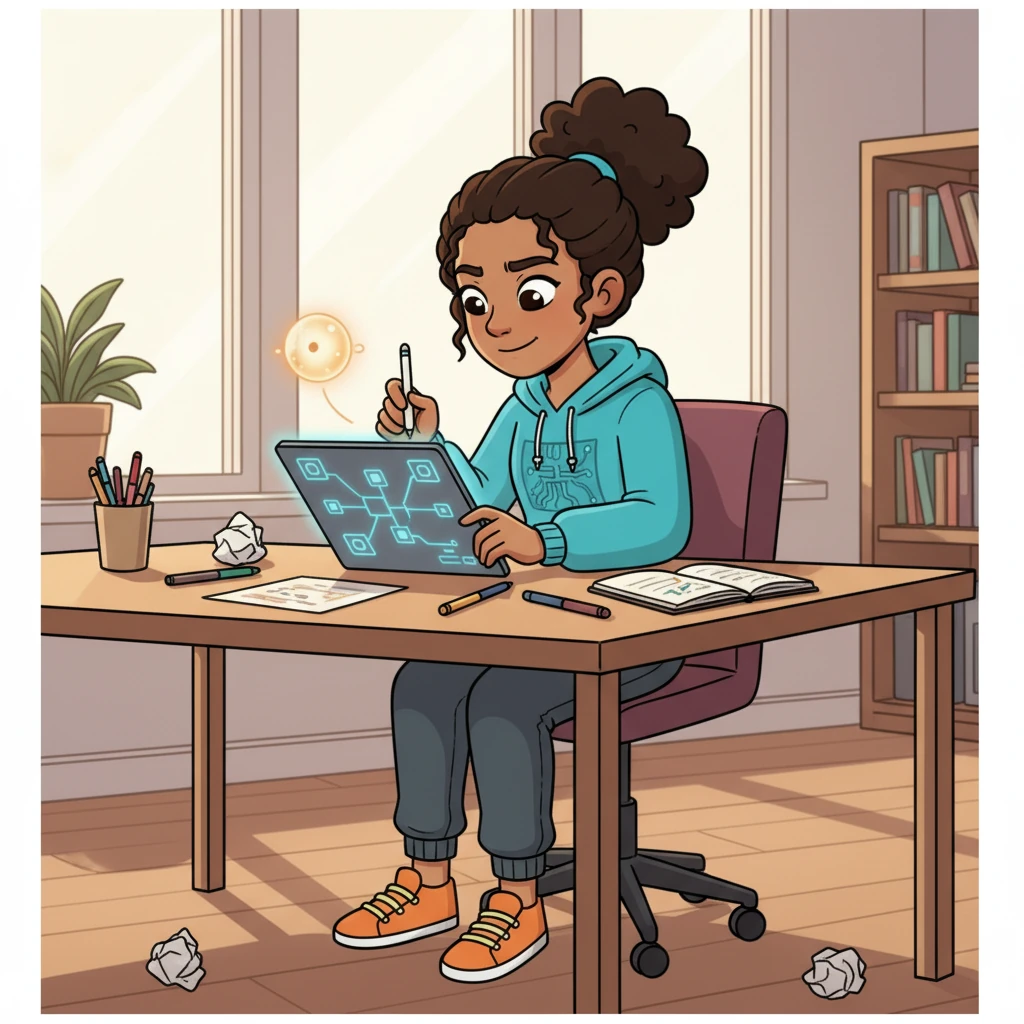 In a bright, organized workspace, a brilliant developer sketches out a revolutionary idea on a digital tablet. A tiny, glowing AI spark named Aura appears, symbolizing the birth of the agentic application, full of potential. Aura dreams of bringing order to chaos.