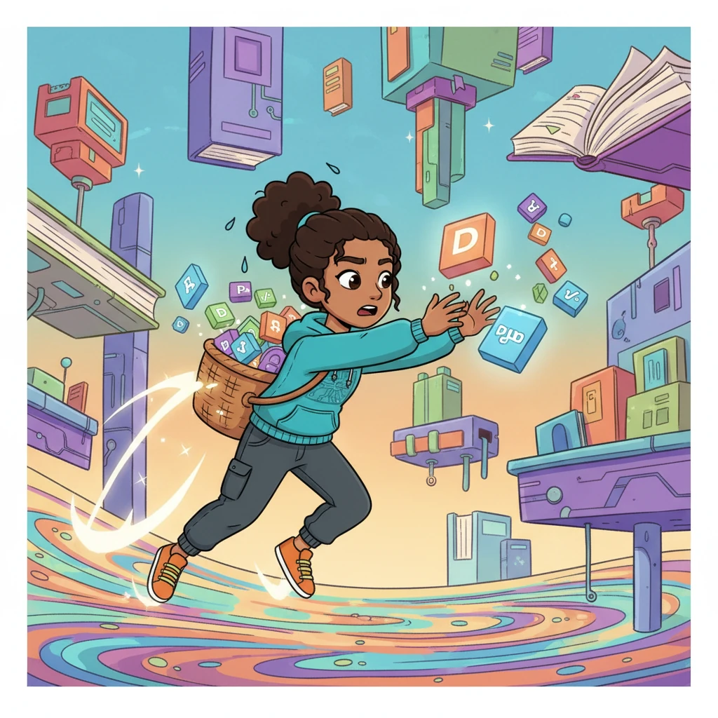 Aura, now a curious, energetic digital sprite, zips through a vibrant landscape of code libraries and frameworks. She gathers sparkling Python modules and sturdy Django building blocks, her basket overflowing with essential tools. Each piece hums with energy, ready to be assembled.