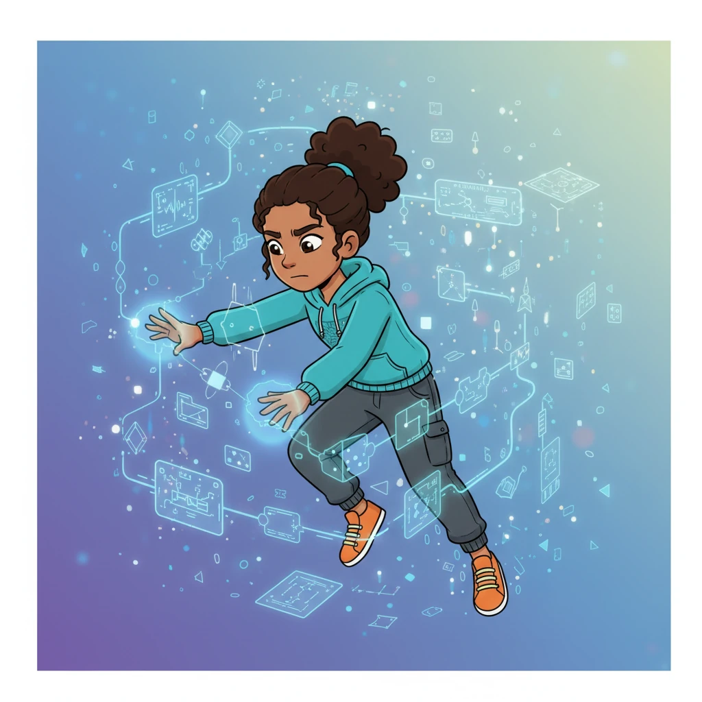 With intense focus, Aura begins to weave the code, connecting logic gates and data flows within a sparkling, ethereal blueprint. She carefully constructs the core of her intelligence, a beautiful network designed to understand and predict. Her digital hands move with precision and purpose.