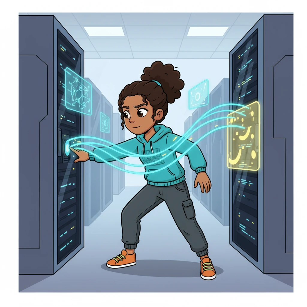Aura extends delicate, glowing tendrils of data connection towards a towering, complex SQL server. She gently taps into its pulse, establishing a secure link, and watches as streams of vital information begin to flow into her system, transforming into understandable patterns. The server lights up with a soft, welcoming glow.