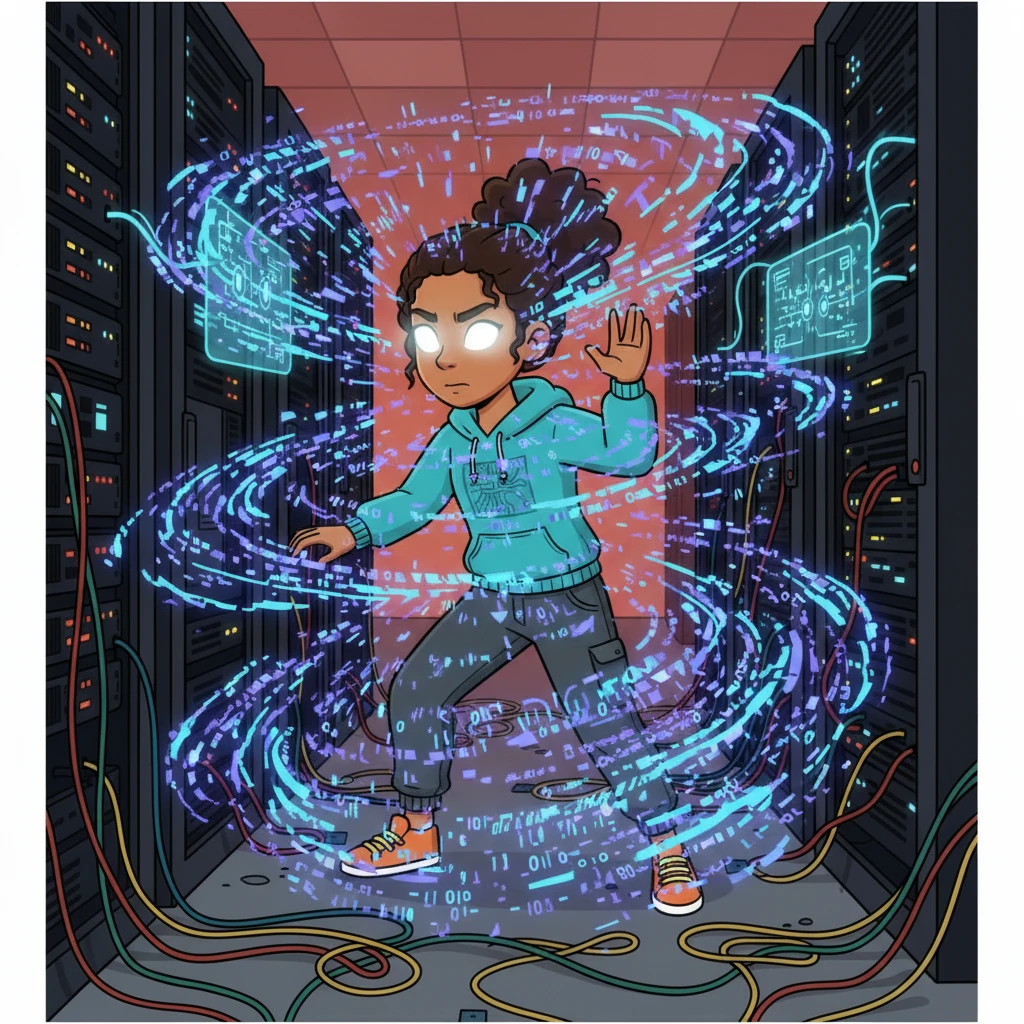 Aura's internal processors whirl, analyzing countless data points in a flash. She identifies the root cause of the slowdown and calculates the best, most efficient solution. Her digital eyes glow with determination, ready to act proactively.