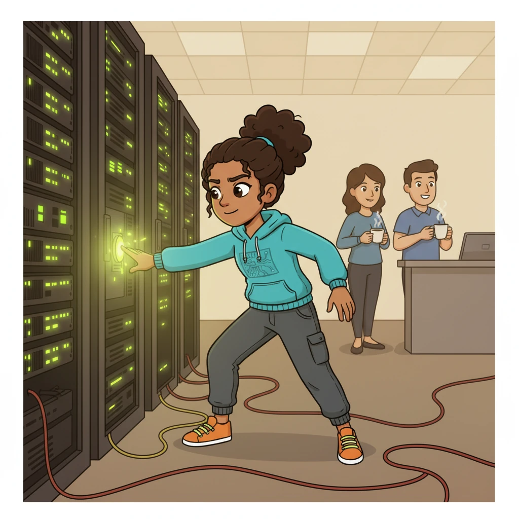 The server room transforms into a calm, efficient space. The IT professionals smile, enjoying their coffee, as the SQL servers hum contentedly, their green lights shining brightly. Data flows smoothly, and the system runs flawlessly, all thanks to Aura.