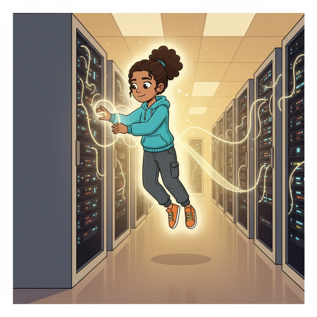 Aura, now a radiant, confident guardian, floats gracefully above the perfectly functioning server. She watches over the entire system, a symbol of intelligent automation and proactive care, ensuring seamless data operations day and night. Her presence brings peace and efficiency to the digital world.