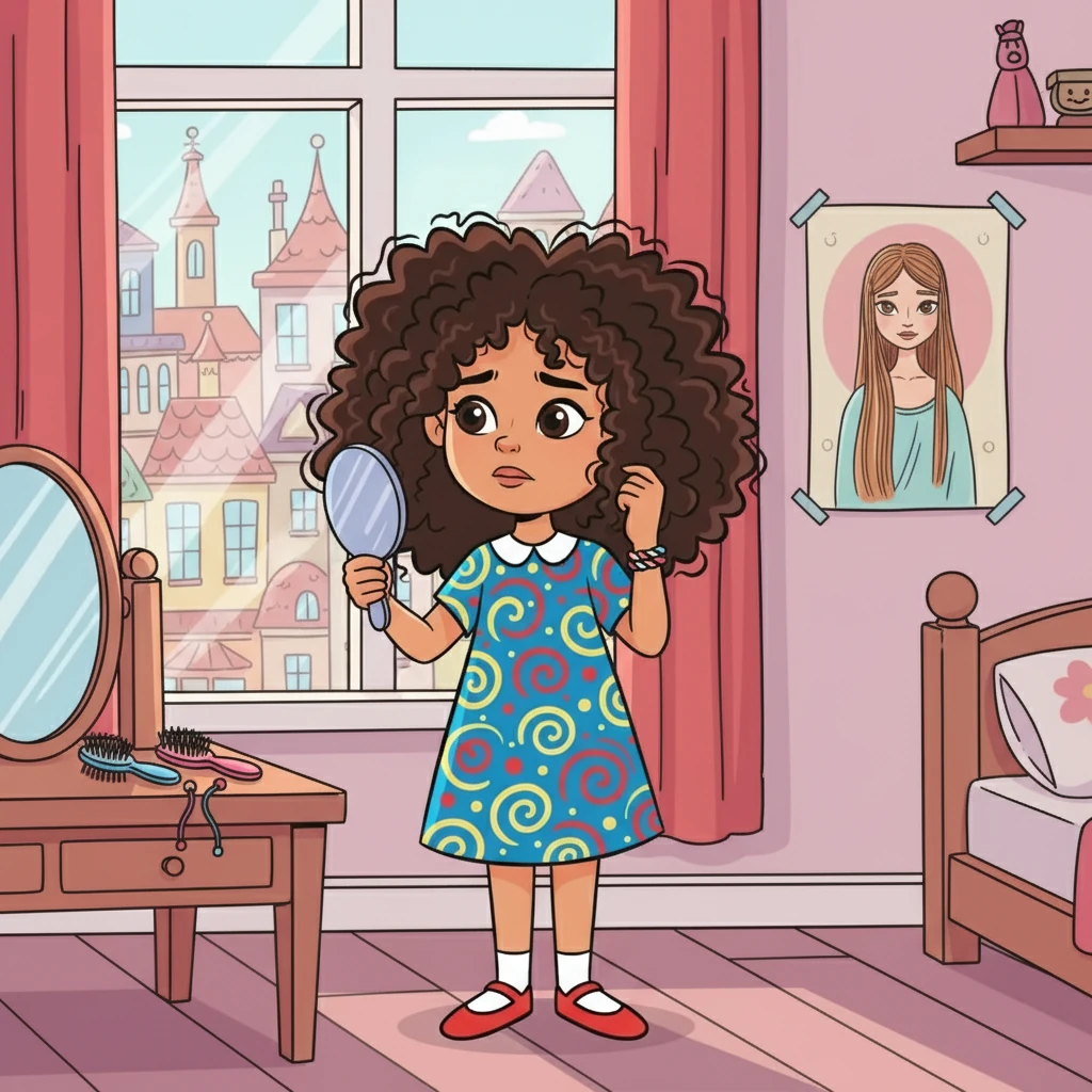 Dans la petite ville de Miroirville, vivait Aïna, une fillette aux boucles magnifiques. Ses cheveux étaient comme des ressorts joyeux, mais Aïna, elle, ne les aimait pas beaucoup. Elle rêvait de mèches lisses et soyeuses, comme celles qu'elle voyait partout.