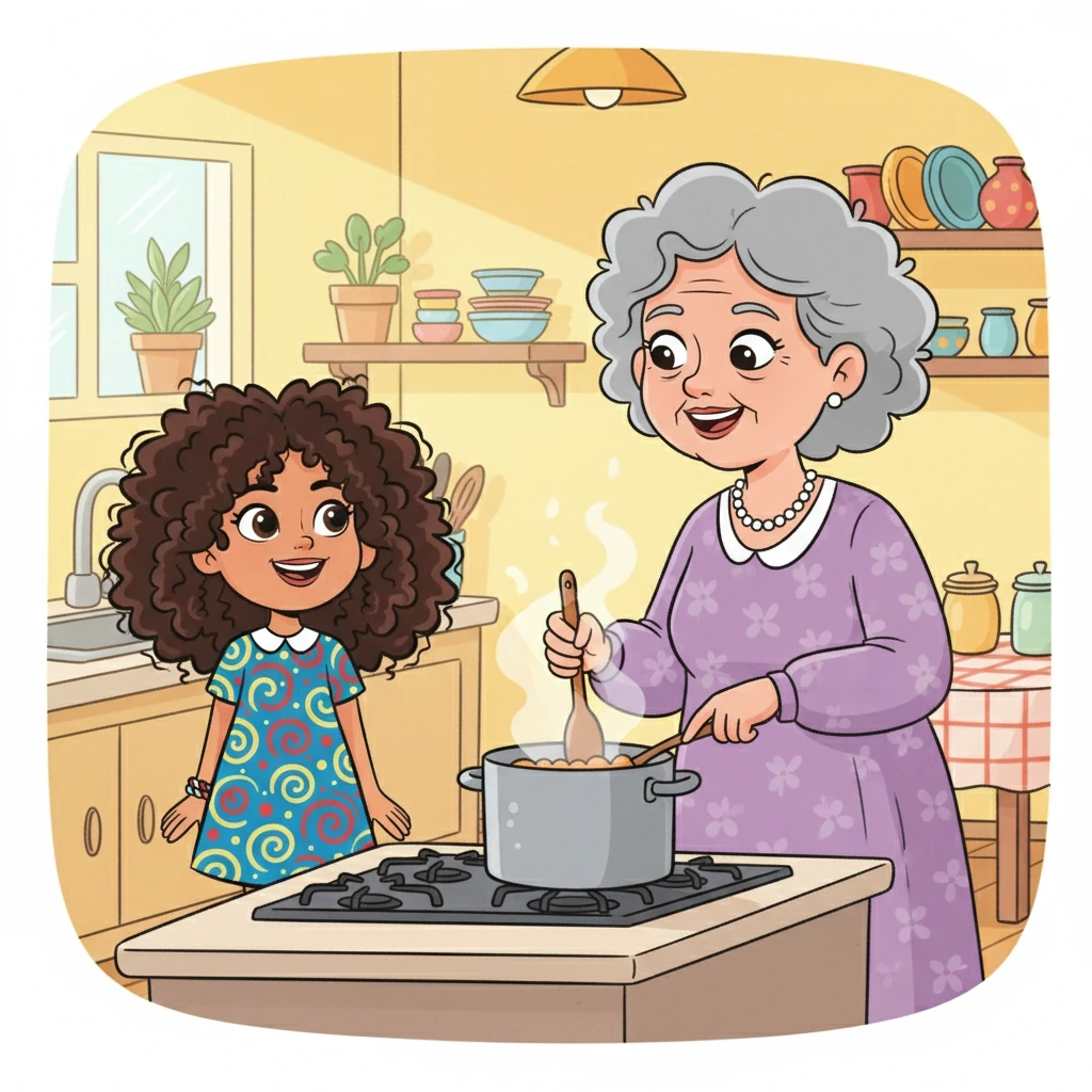 Un jour, alors qu'elle était en train de se préparer, Aïna rencontra sa grand-mère, Manon. Manon avait les cheveux gris, mais aussi de magnifiques boucles, comme celles d'Aïna, et un sourire chaleureux.