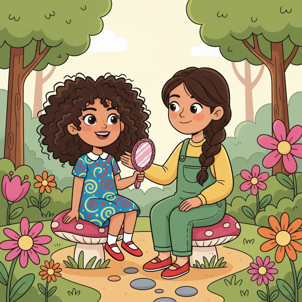 Manon s'assit à côté d'Aïna et lui dit: « Tes boucles sont précieuses, Aïna. Elles sont une part de toi, de ton identité, de ta beauté unique. » Elle lui expliqua l'importance d'accepter ce que l'on est.