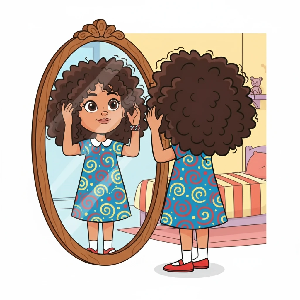 Aïna, intriguée, regarda ses boucles dans le miroir. Elle commença à les toucher, doucement, et remarqua leur douceur et leur ressort. Elle sentait une étincelle de curiosité et d'appréciation naître en elle.