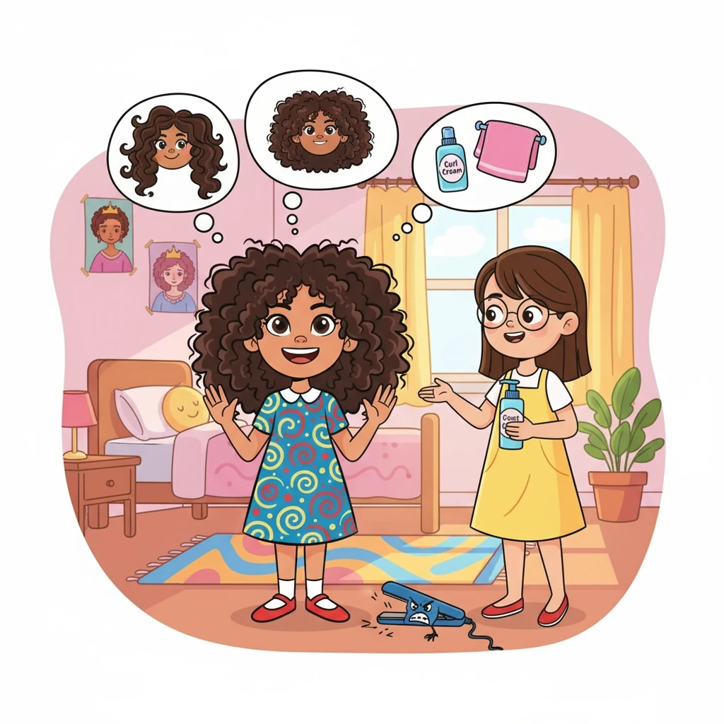 Aïna, encouragée, décida d'essayer. Elle dit « non » au fer à lisser et suivit les conseils de Manon. Elle découvrit un tout nouveau monde de soins et d'amour pour ses cheveux.