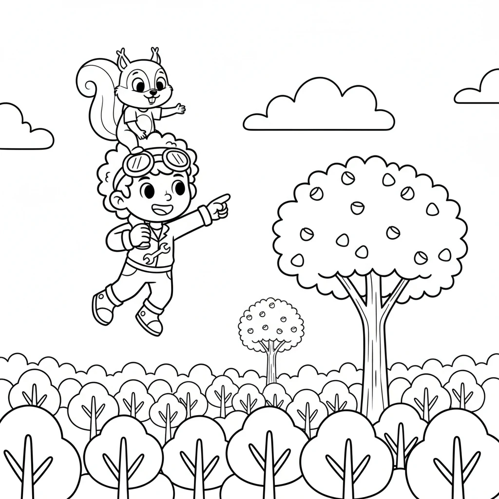 Sparky offered the squirrel a ride. Together, they flew high above the trees, looking for the biggest, nuttiest tree in the forest.